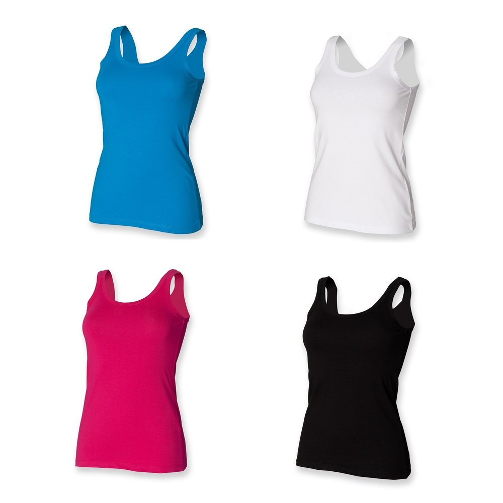 Ladies Modern Fit Stretch Tank Top Vest Top Black White Blue Fuschia SK103