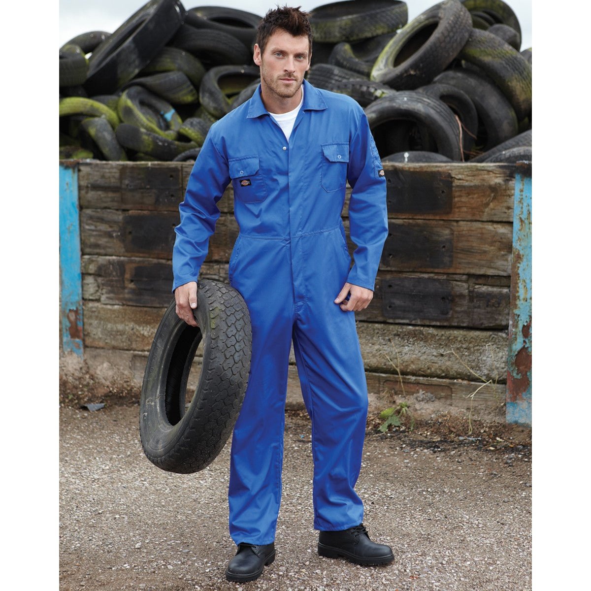 Dickies economy stud front long sleeve coverall royal & white WD002