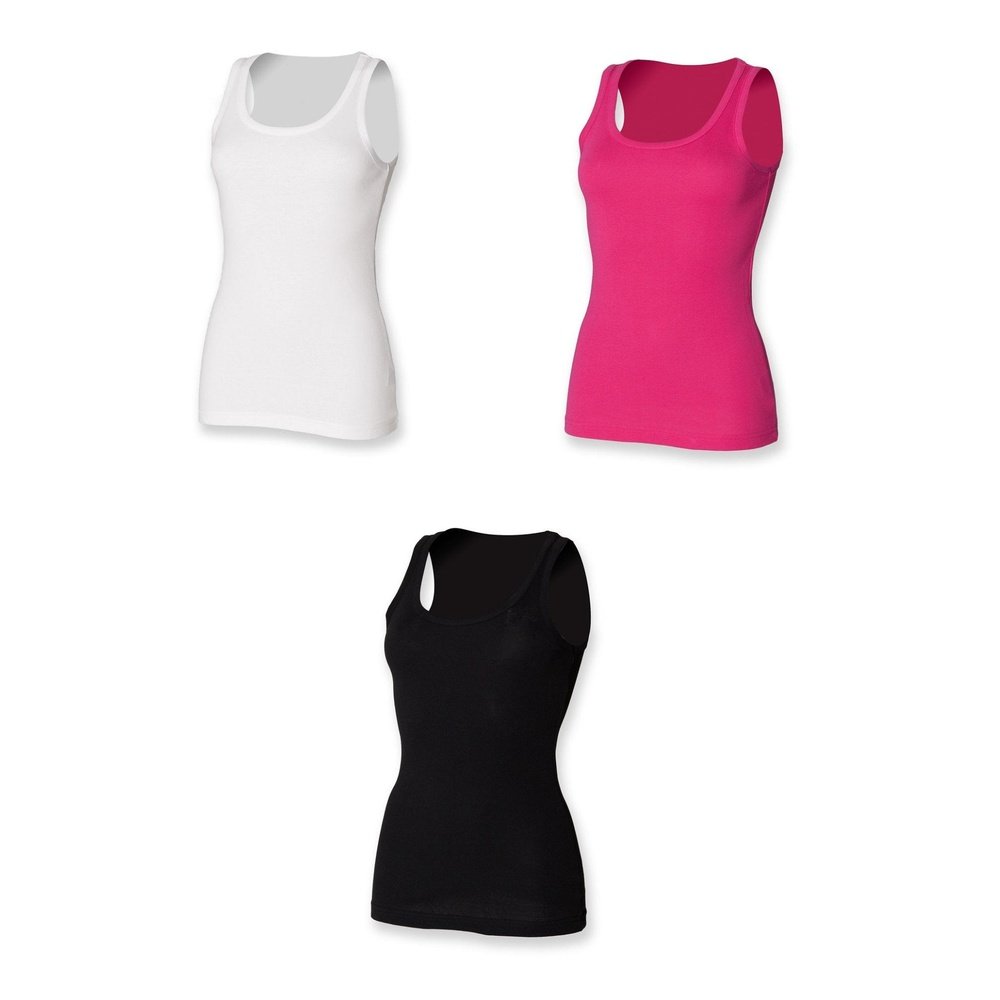 Ladies Cotton Rib Vest Tank Top Womens T-Shirt Black White Pink SK303
