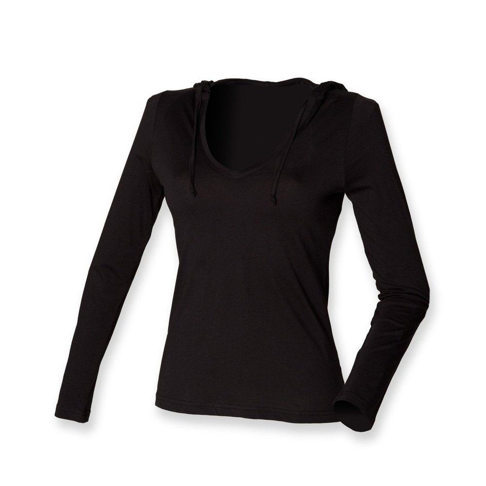 Ladies long sleeved V Neck Cotton Hooded T-shirt Top ST251