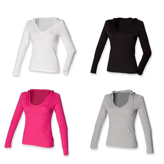 Ladies long sleeved V Neck Cotton Hooded T-shirt Top ST251