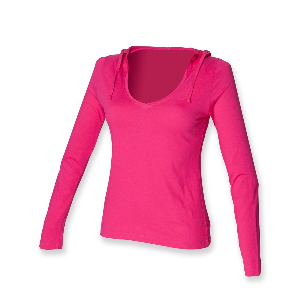 Ladies long sleeved V Neck Cotton Hooded T-shirt Top ST251