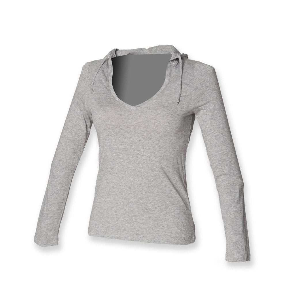 Ladies long sleeved V Neck Cotton Hooded T-shirt Top ST251
