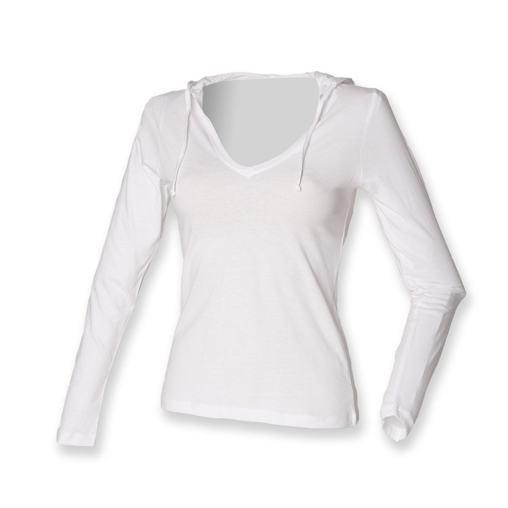 Ladies long sleeved V Neck Cotton Hooded T-shirt Top ST251