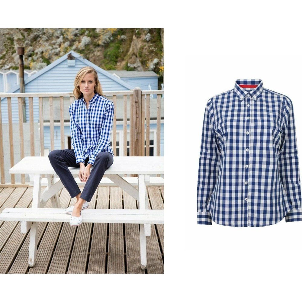 Ladies Semi-Fitted Long Sleeve Cotton Blue Checked Shirt Blouse FR503