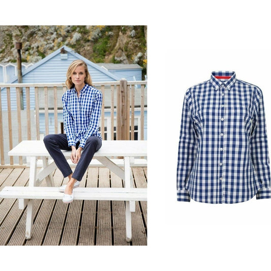 Ladies Semi-Fitted Long Sleeve Cotton Blue Checked Shirt Blouse FR503