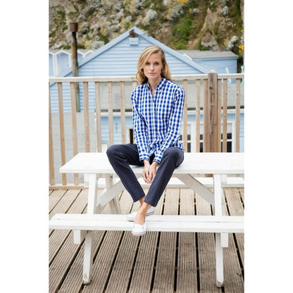 Ladies Semi-Fitted Long Sleeve Cotton Blue Checked Shirt Blouse FR503