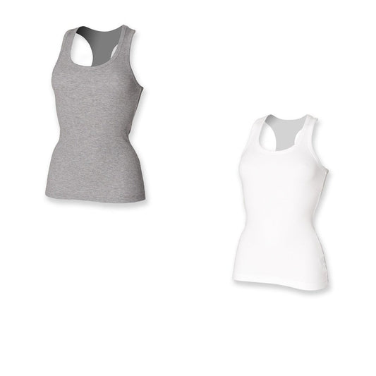 Ladies Women Cotton Rich Long Length Sleeveless Racerback Vest Top SK150