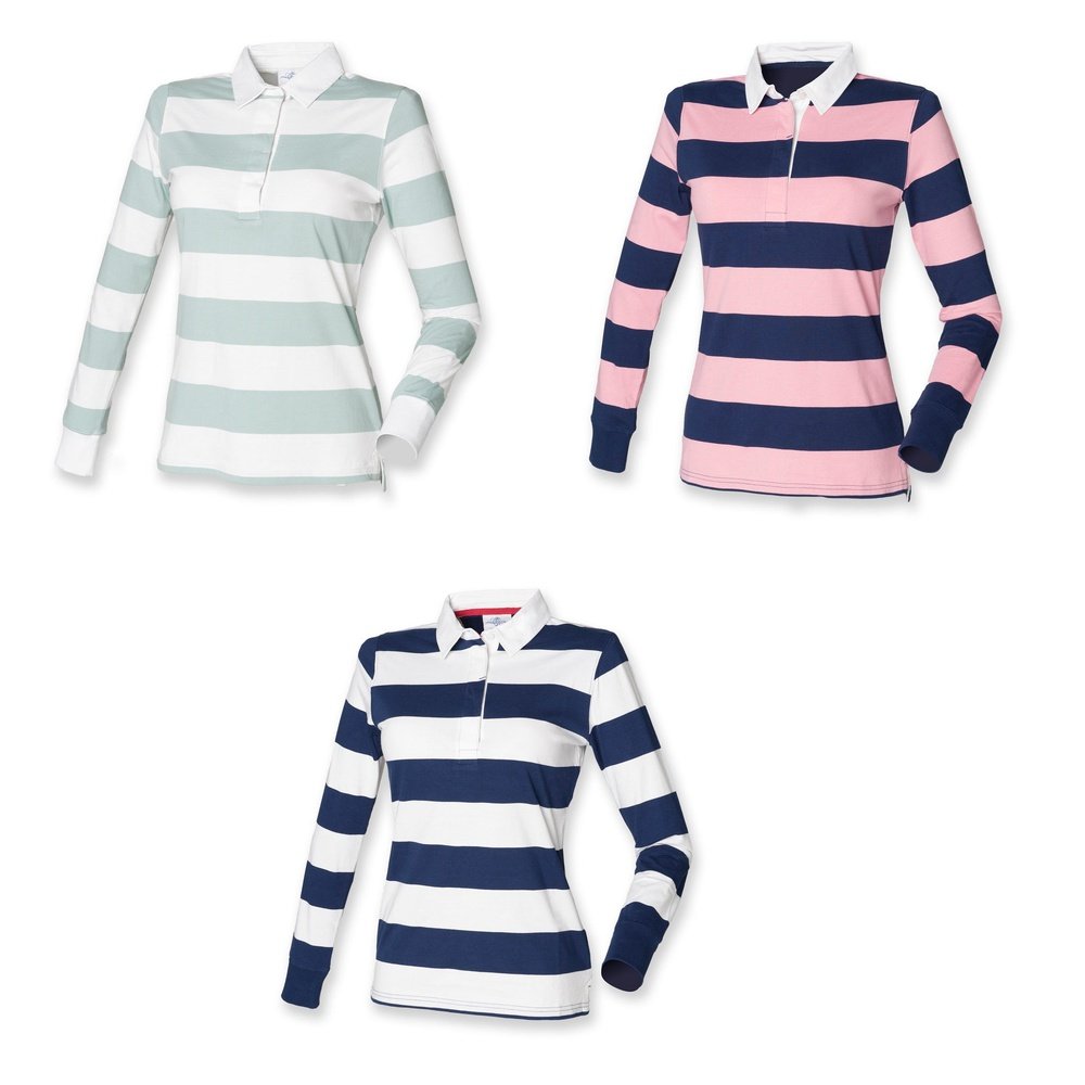 Ladies Womens Long Sleeved Striped Cotton Rugby Shirt Top S-XXL FR111