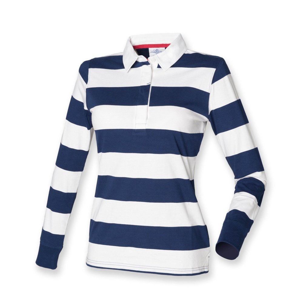 Ladies Womens Long Sleeved Striped Cotton Rugby Shirt Top S-XXL FR111