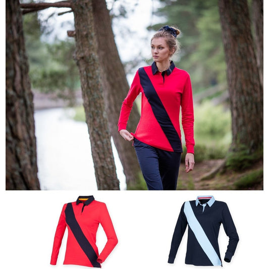 Ladies Womens Soft Touch Diagonal Stripe Long Sleeve Front Row Rugby Shirt FR113