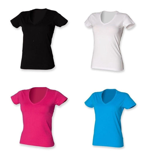 Womens NEW Stretch Plain V Neck Quality T-Shirt Black White Large Pink SK102